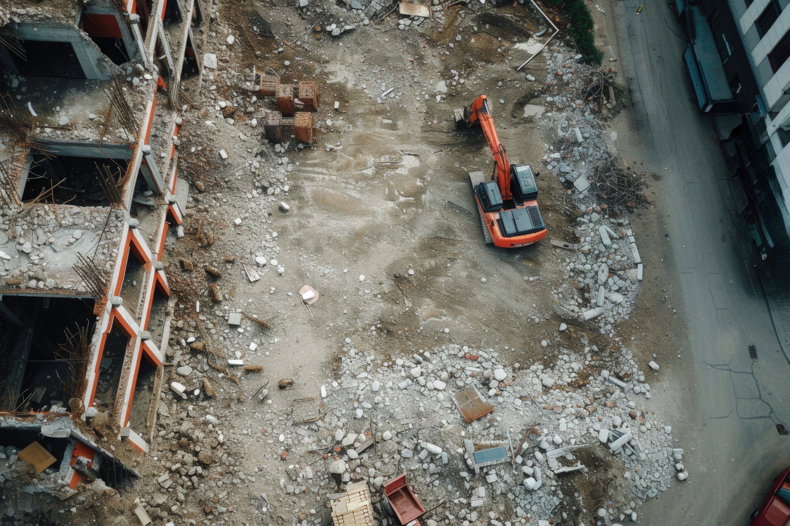 Aerial demolition site with orange excavator