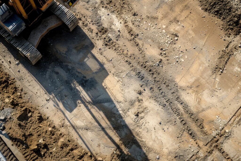 Aerial view of excavator on dirt lot